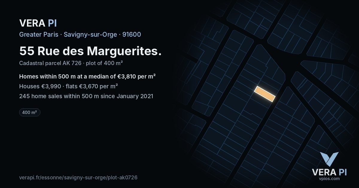 55 Rue des Marguerites, Savigny-sur-Orge at night – the plot lit, the parcels around coloured by the prices near them