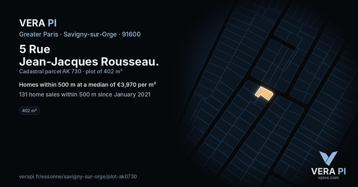 5 Rue Jean-Jacques Rousseau, Savigny-sur-Orge at night – the plot lit, the parcels around coloured by the prices near them