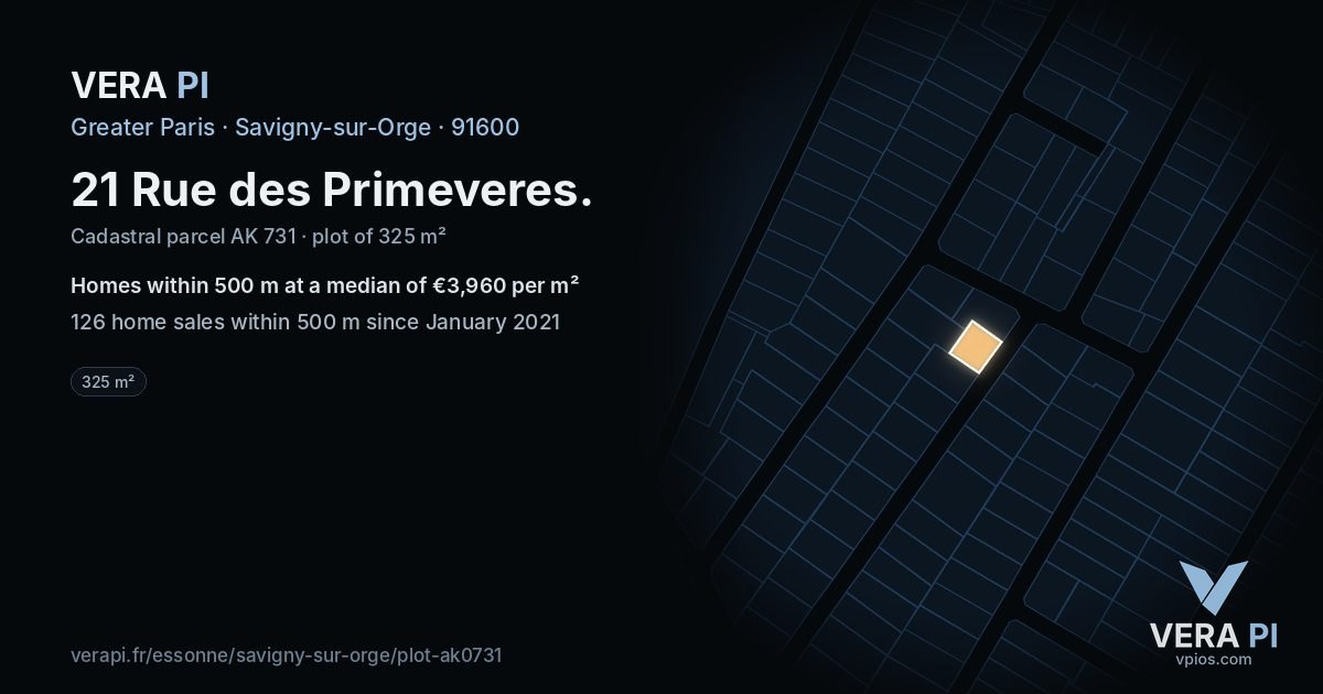 21 Rue des Primeveres, Savigny-sur-Orge at night – the plot lit, the parcels around coloured by the prices near them