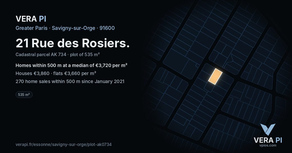 21 Rue des Rosiers, Savigny-sur-Orge at night – the plot lit, the parcels around coloured by the prices near them