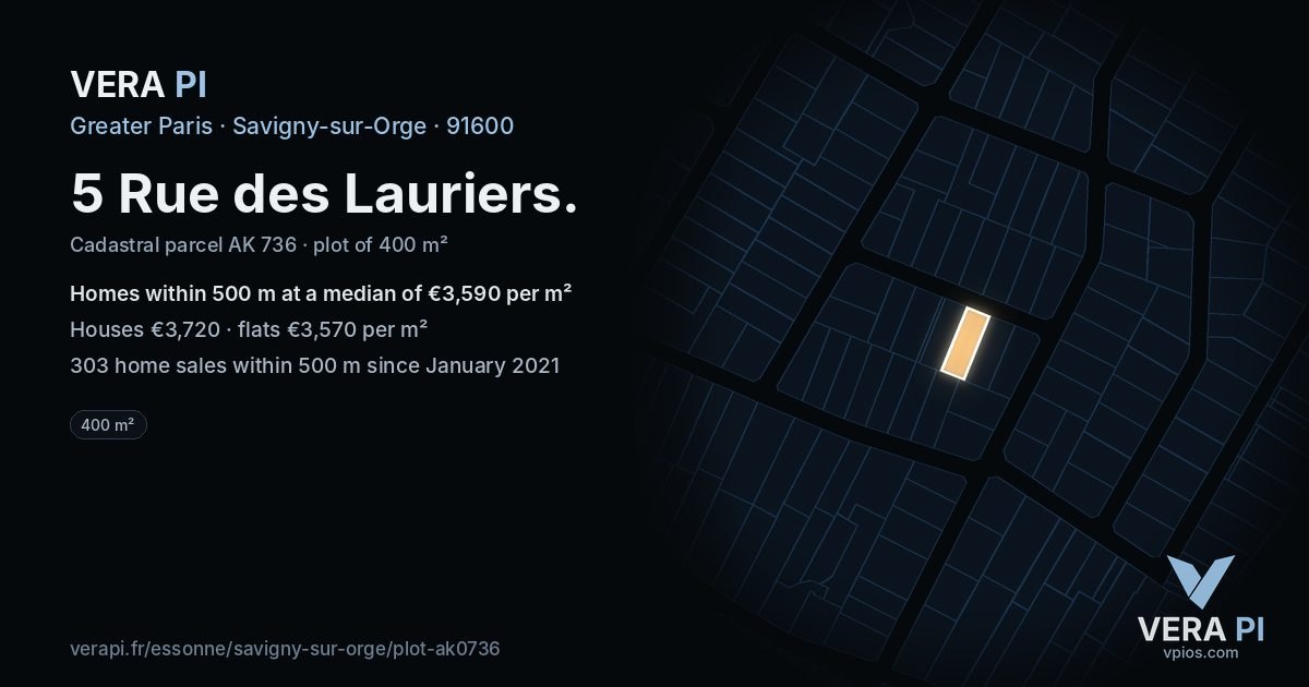 5 Rue des Lauriers, Savigny-sur-Orge at night – the plot lit, the parcels around coloured by the prices near them