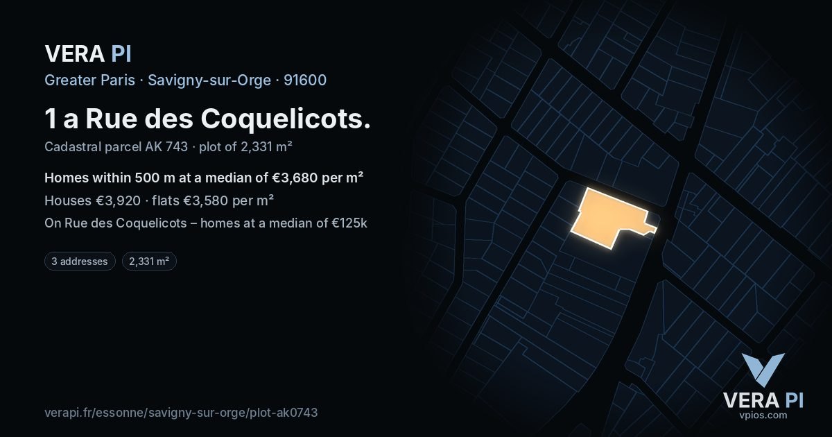 1 a Rue des Coquelicots, Savigny-sur-Orge at night – the plot lit, the parcels around coloured by the prices near them