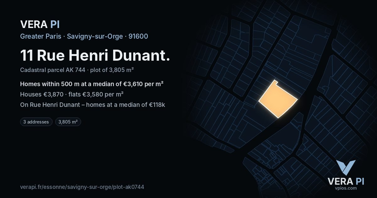 11 Rue Henri Dunant, Savigny-sur-Orge at night – the plot lit, the parcels around coloured by the prices near them