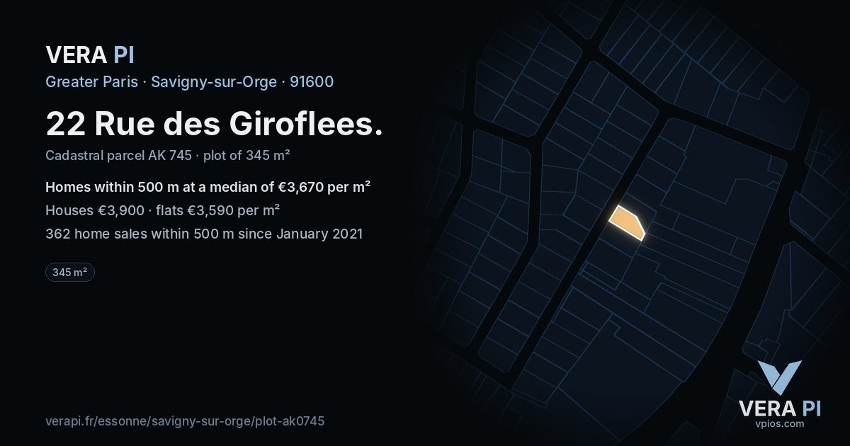 22 Rue des Giroflees, Savigny-sur-Orge at night – the plot lit, the parcels around coloured by the prices near them