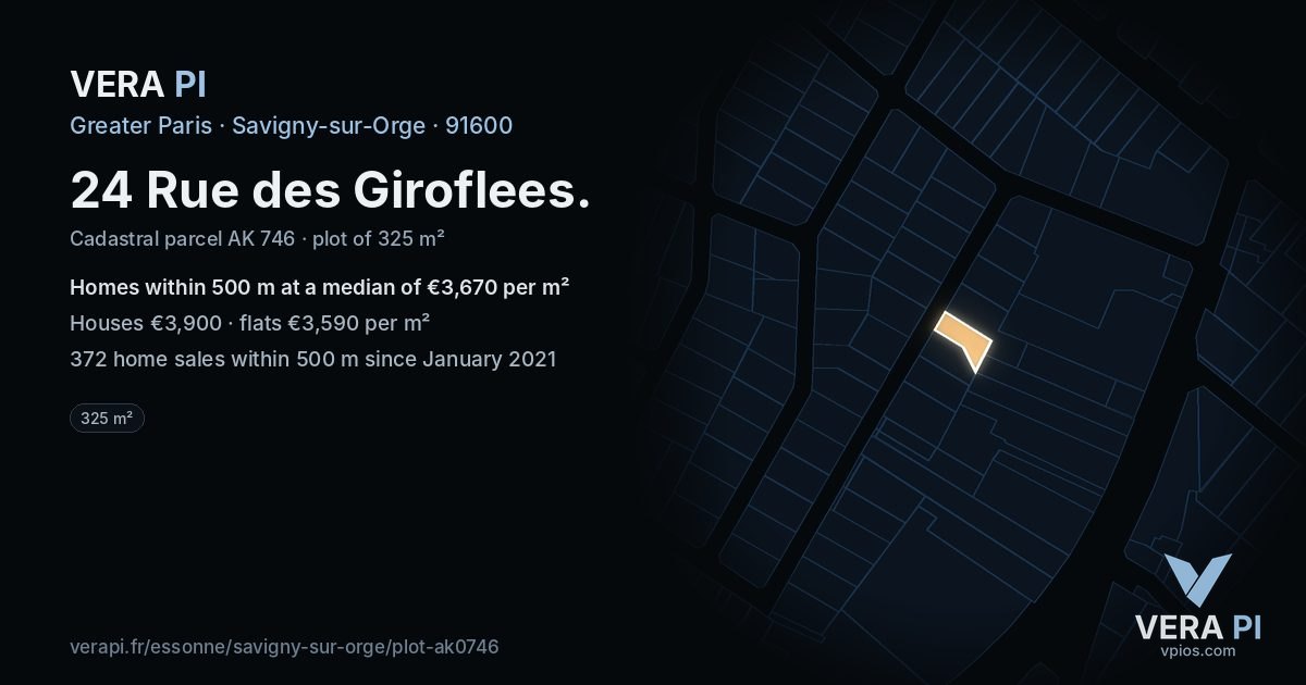 24 Rue des Giroflees, Savigny-sur-Orge at night – the plot lit, the parcels around coloured by the prices near them