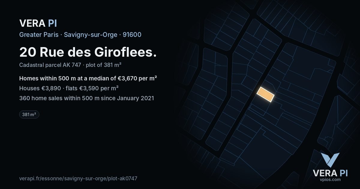 20 Rue des Giroflees, Savigny-sur-Orge at night – the plot lit, the parcels around coloured by the prices near them