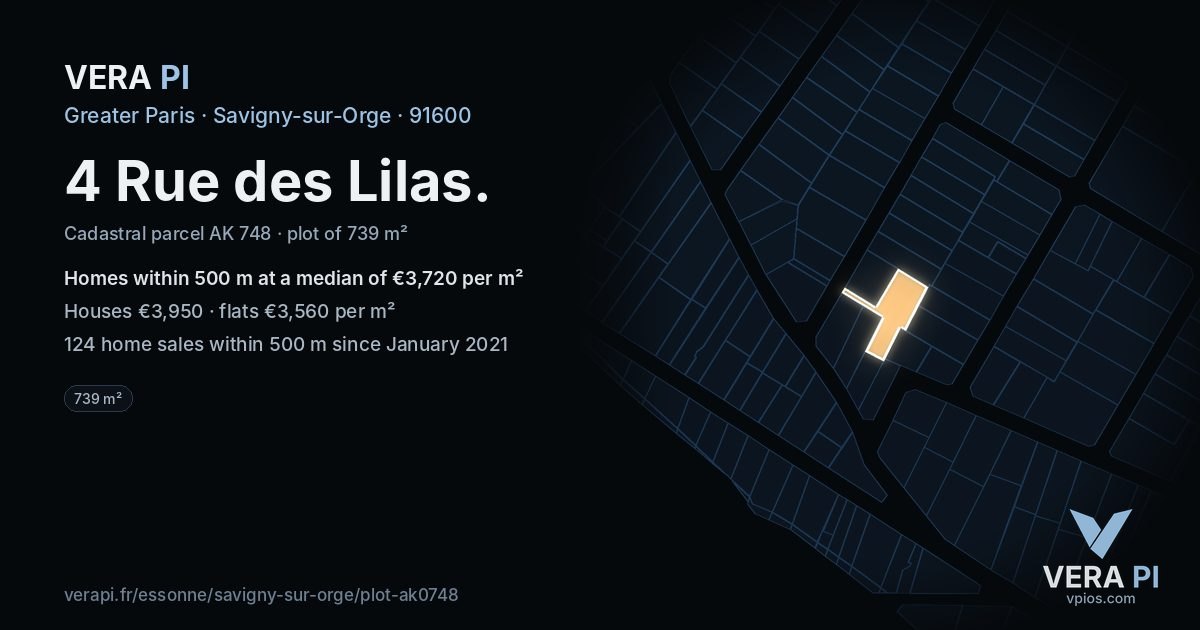 4 Rue des Lilas, Savigny-sur-Orge at night – the plot lit, the parcels around coloured by the prices near them
