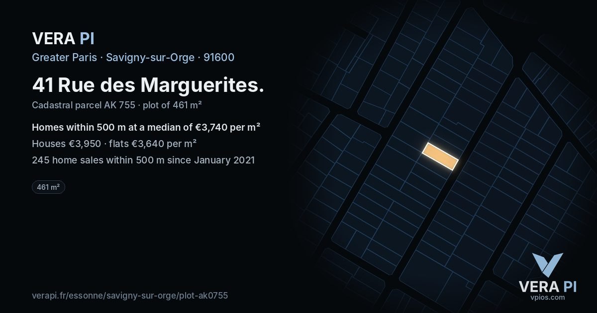 41 Rue des Marguerites, Savigny-sur-Orge at night – the plot lit, the parcels around coloured by the prices near them