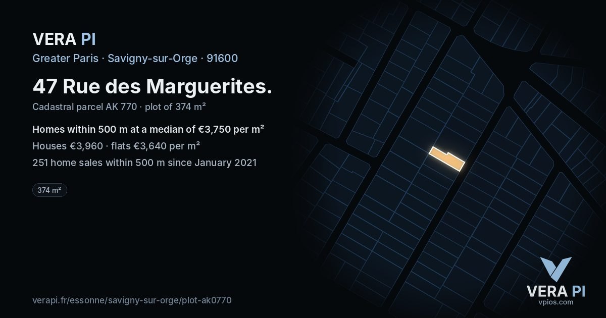 47 Rue des Marguerites, Savigny-sur-Orge at night – the plot lit, the parcels around coloured by the prices near them
