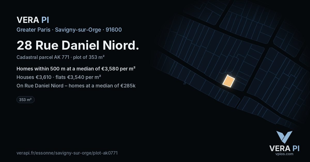28 Rue Daniel Niord, Savigny-sur-Orge at night – the plot lit, the parcels around coloured by the prices near them