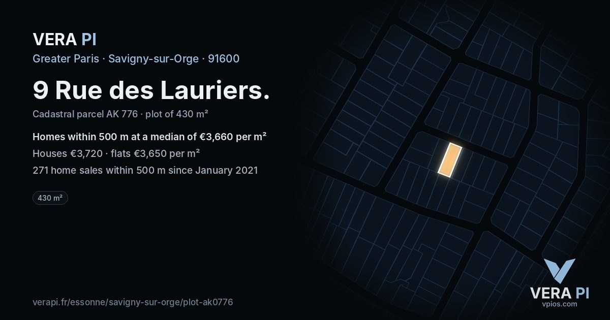 9 Rue des Lauriers, Savigny-sur-Orge at night – the plot lit, the parcels around coloured by the prices near them