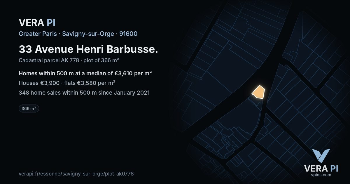 33 Avenue Henri Barbusse, Savigny-sur-Orge at night – the plot lit, the parcels around coloured by the prices near them