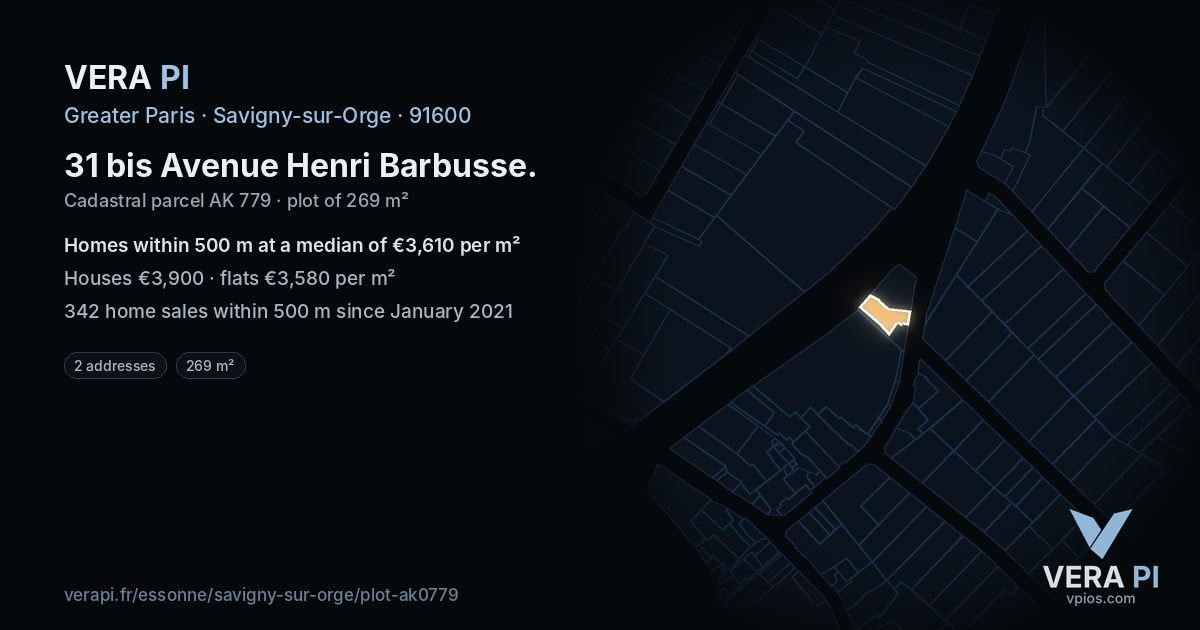 31 bis Avenue Henri Barbusse, Savigny-sur-Orge at night – the plot lit, the parcels around coloured by the prices near them