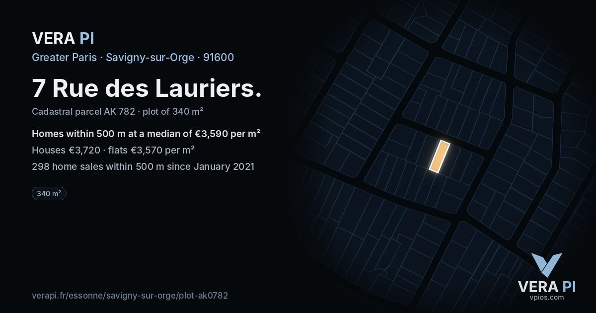 7 Rue des Lauriers, Savigny-sur-Orge at night – the plot lit, the parcels around coloured by the prices near them