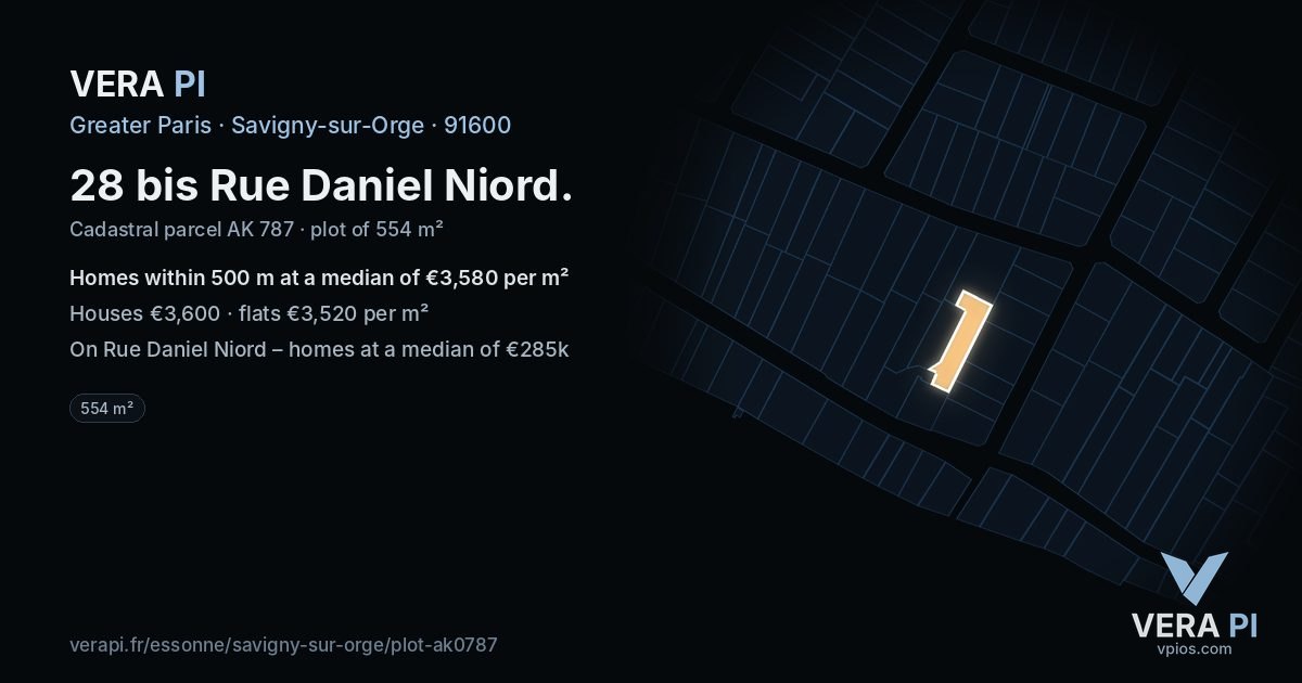 28 bis Rue Daniel Niord, Savigny-sur-Orge at night – the plot lit, the parcels around coloured by the prices near them