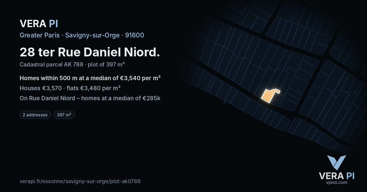28 ter Rue Daniel Niord, Savigny-sur-Orge at night – the plot lit, the parcels around coloured by the prices near them