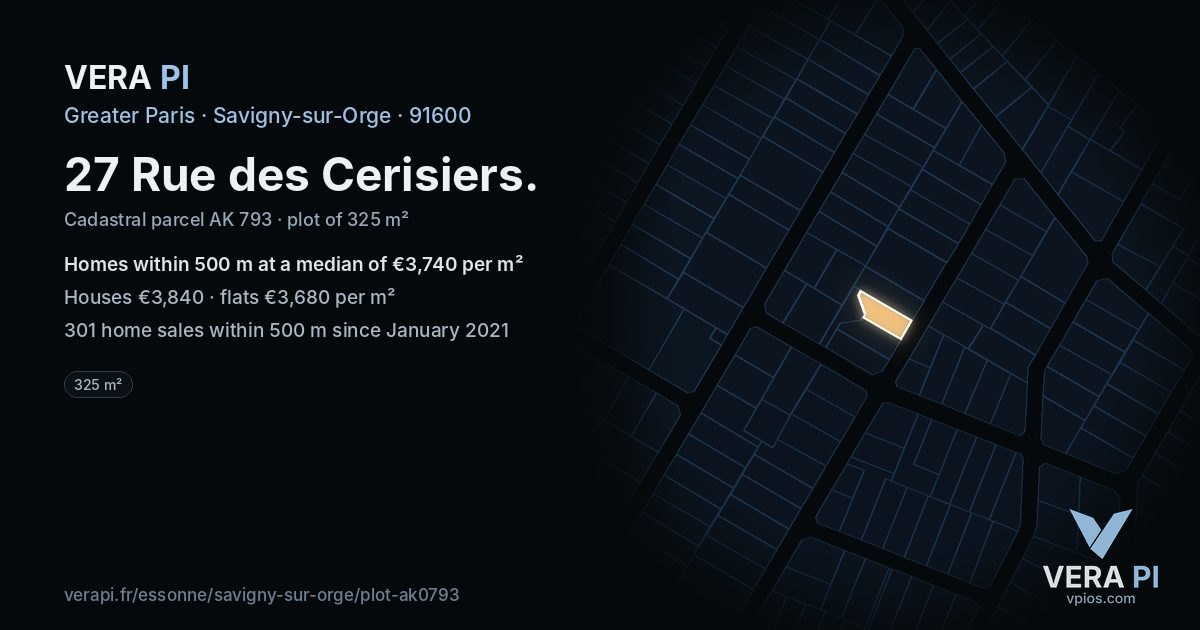 27 Rue des Cerisiers, Savigny-sur-Orge at night – the plot lit, the parcels around coloured by the prices near them