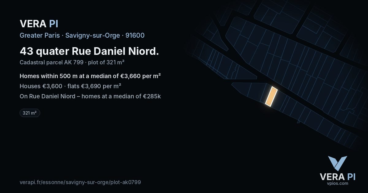 43 quater Rue Daniel Niord, Savigny-sur-Orge at night – the plot lit, the parcels around coloured by the prices near them