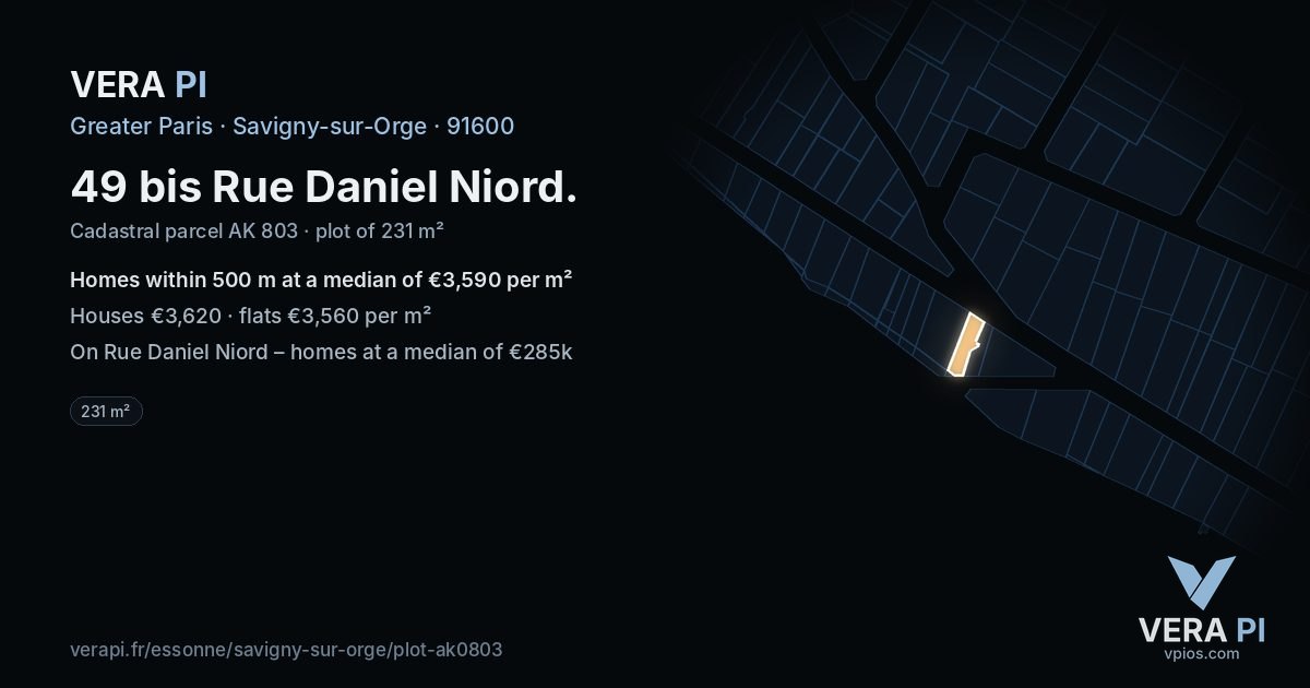 49 bis Rue Daniel Niord, Savigny-sur-Orge at night – the plot lit, the parcels around coloured by the prices near them
