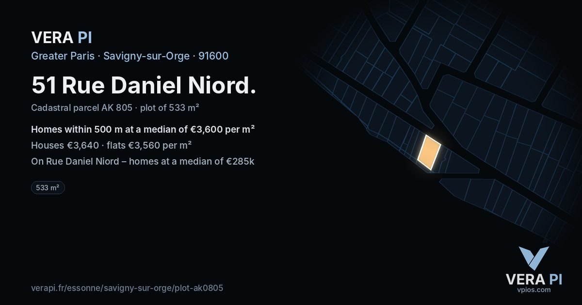 51 Rue Daniel Niord, Savigny-sur-Orge at night – the plot lit, the parcels around coloured by the prices near them