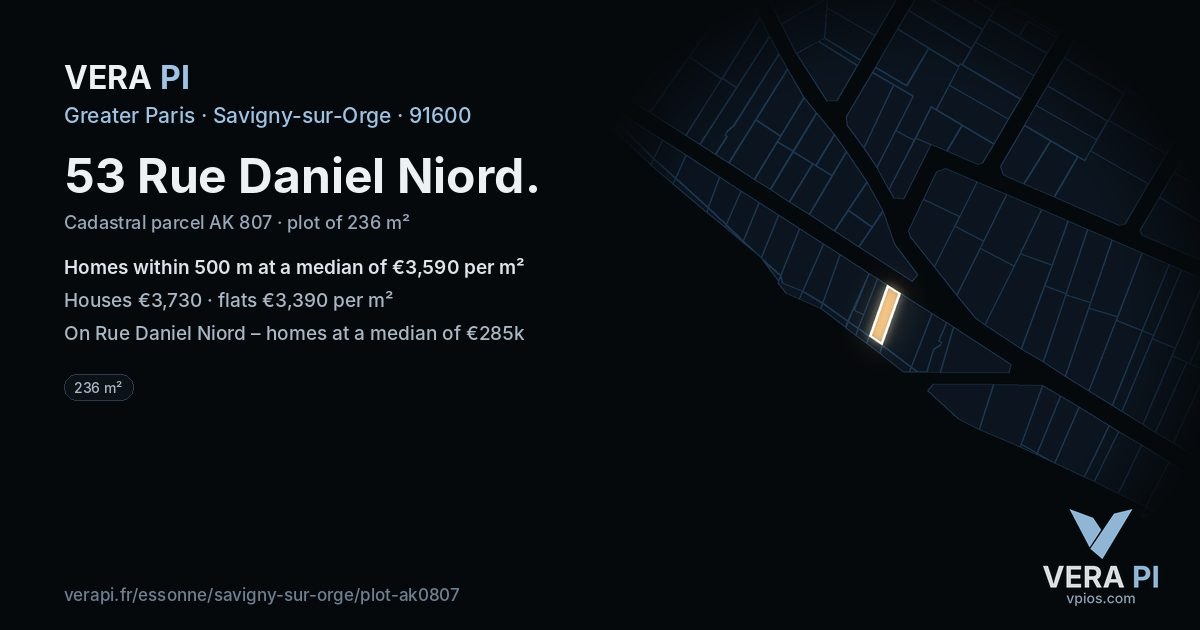 53 Rue Daniel Niord, Savigny-sur-Orge at night – the plot lit, the parcels around coloured by the prices near them