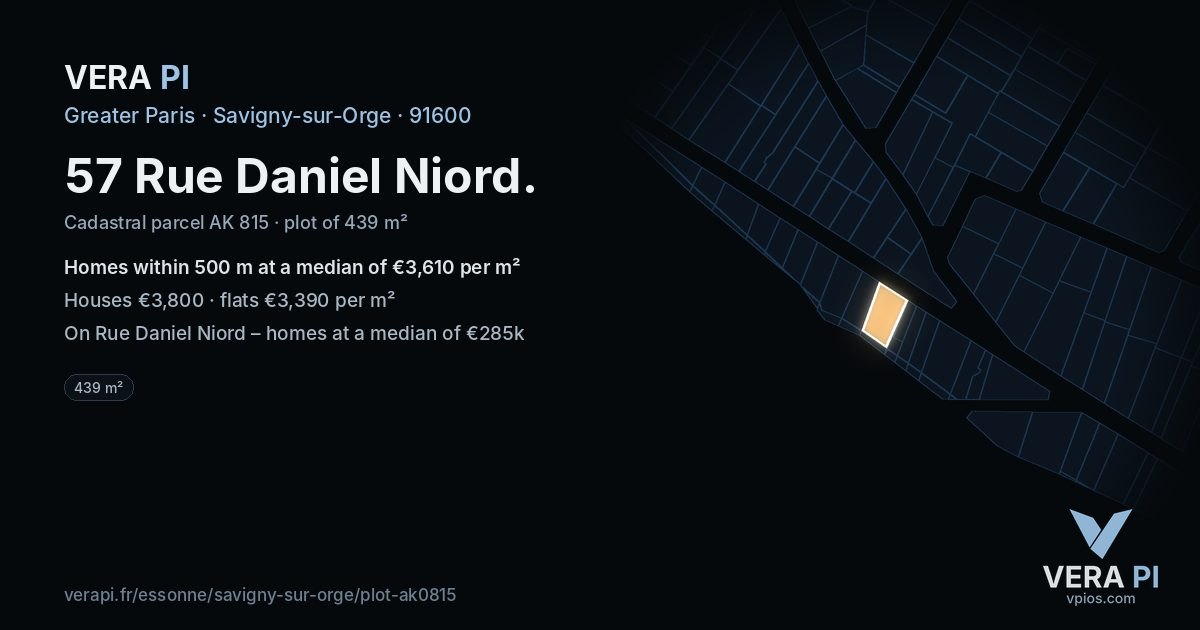 57 Rue Daniel Niord, Savigny-sur-Orge at night – the plot lit, the parcels around coloured by the prices near them