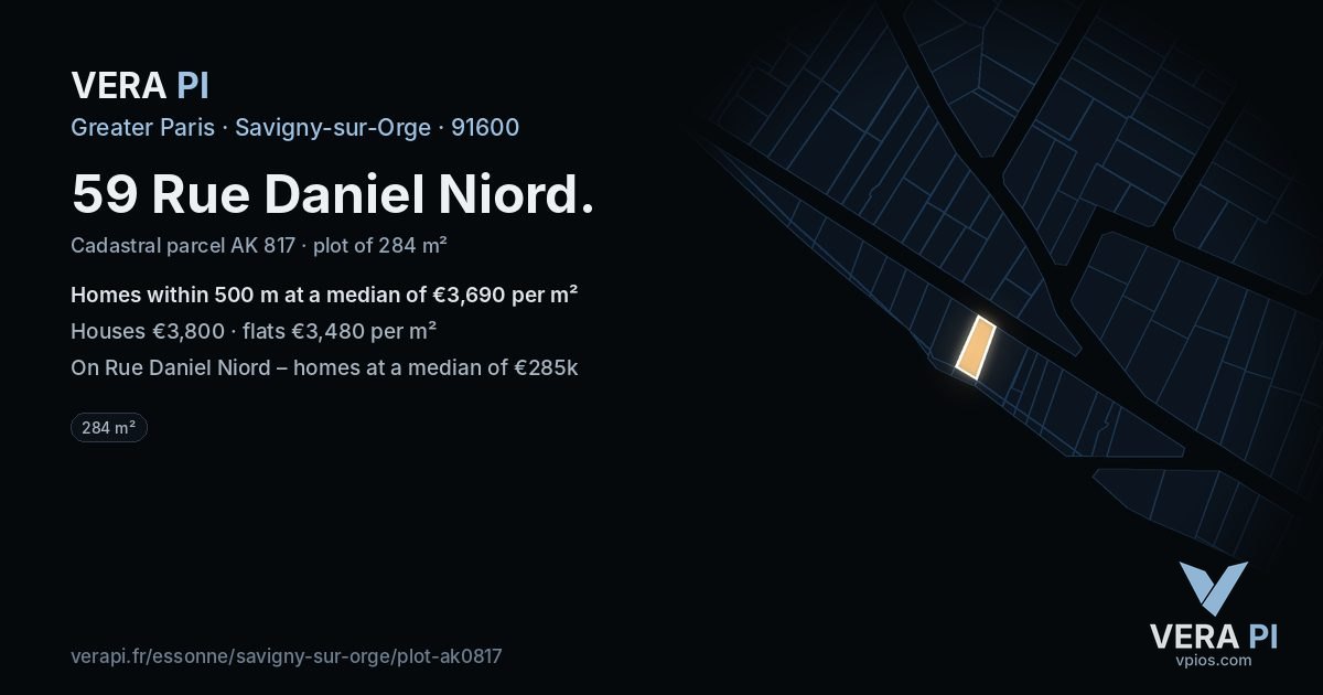 59 Rue Daniel Niord, Savigny-sur-Orge at night – the plot lit, the parcels around coloured by the prices near them
