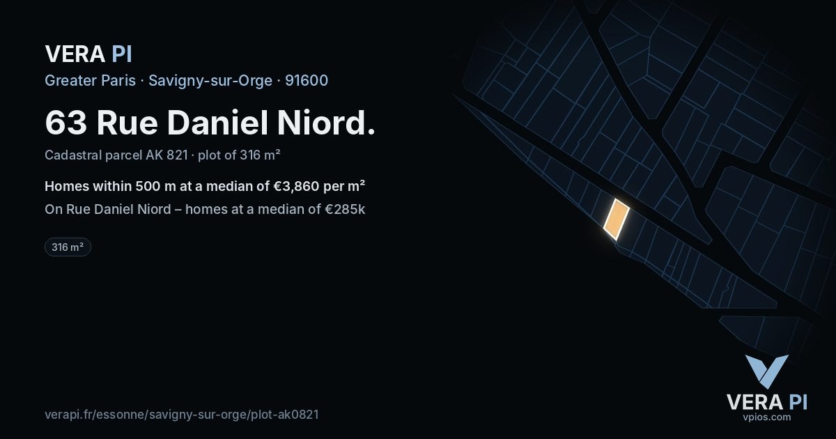 63 Rue Daniel Niord, Savigny-sur-Orge at night – the plot lit, the parcels around coloured by the prices near them
