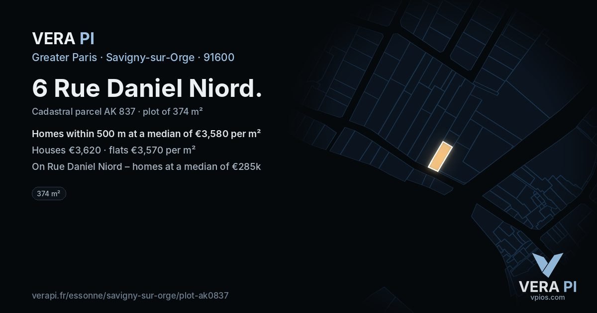 6 Rue Daniel Niord, Savigny-sur-Orge at night – the plot lit, the parcels around coloured by the prices near them