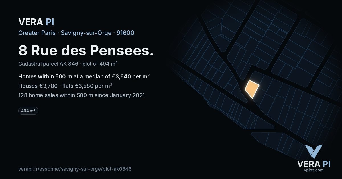 8 Rue des Pensees, Savigny-sur-Orge at night – the plot lit, the parcels around coloured by the prices near them