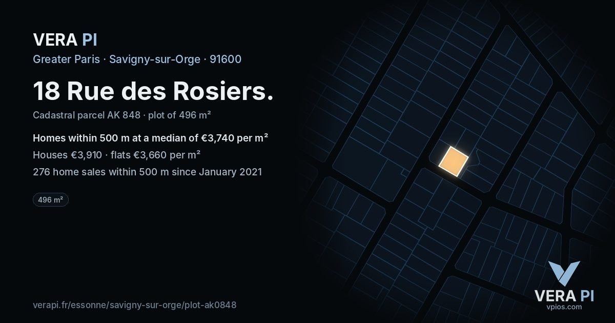 18 Rue des Rosiers, Savigny-sur-Orge at night – the plot lit, the parcels around coloured by the prices near them