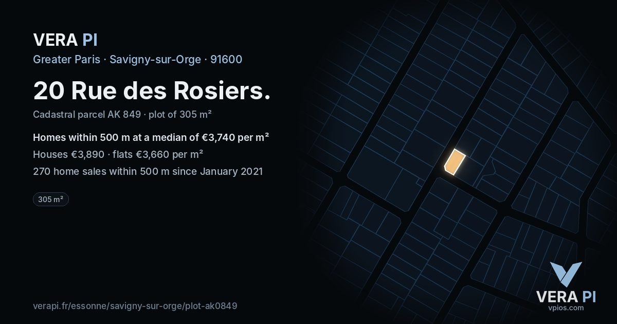 20 Rue des Rosiers, Savigny-sur-Orge at night – the plot lit, the parcels around coloured by the prices near them