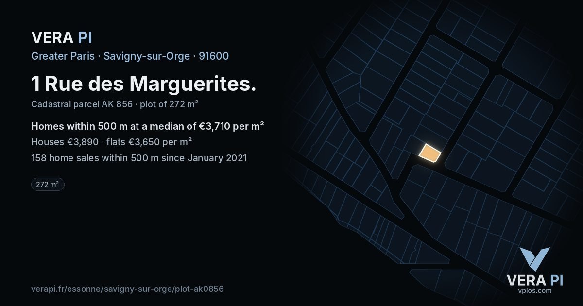 1 Rue des Marguerites, Savigny-sur-Orge at night – the plot lit, the parcels around coloured by the prices near them