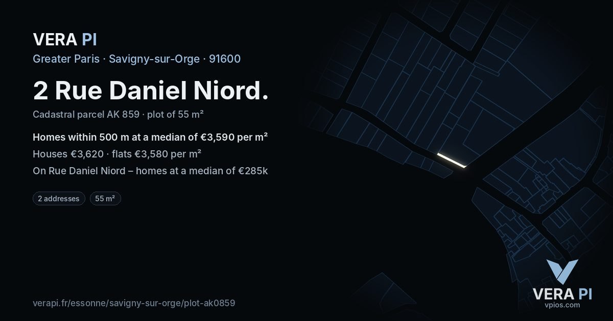 2 Rue Daniel Niord, Savigny-sur-Orge at night – the plot lit, the parcels around coloured by the prices near them