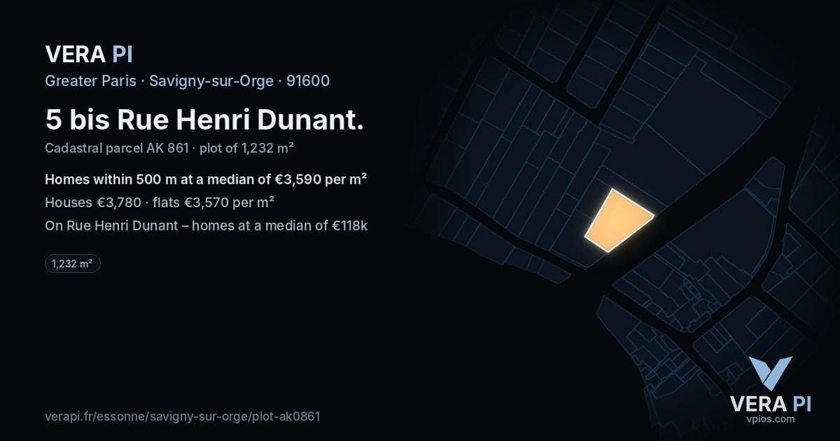 5 bis Rue Henri Dunant, Savigny-sur-Orge at night – the plot lit, the parcels around coloured by the prices near them