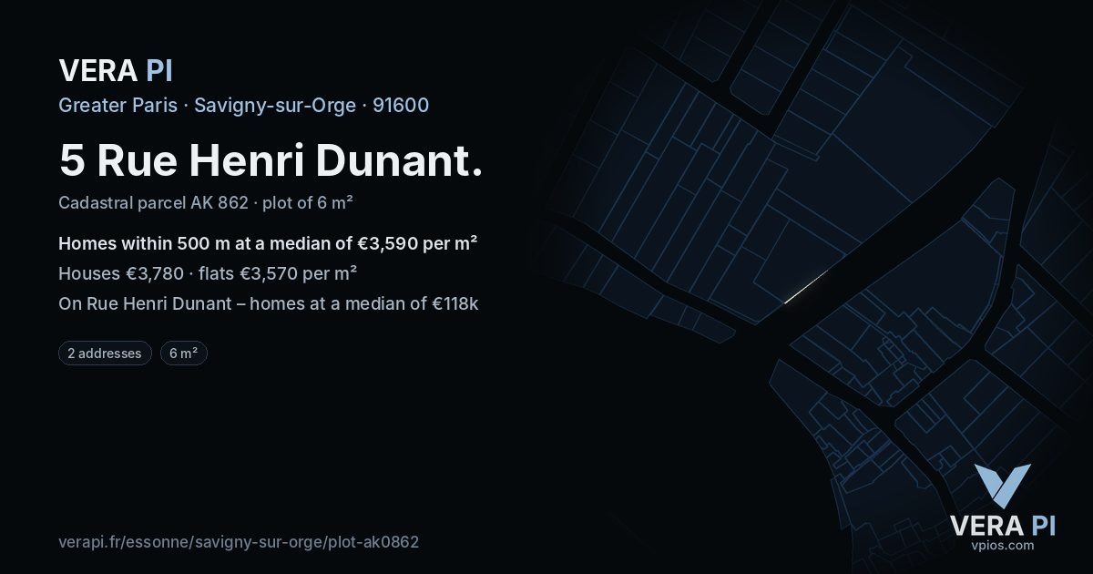 5 Rue Henri Dunant, Savigny-sur-Orge at night – the plot lit, the parcels around coloured by the prices near them