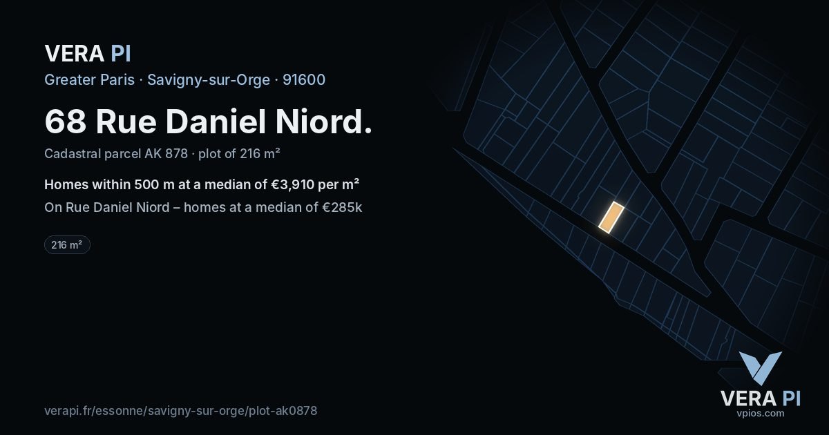 68 Rue Daniel Niord, Savigny-sur-Orge at night – the plot lit, the parcels around coloured by the prices near them