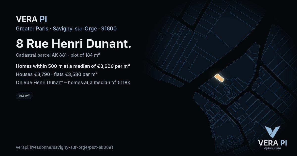 8 Rue Henri Dunant, Savigny-sur-Orge at night – the plot lit, the parcels around coloured by the prices near them