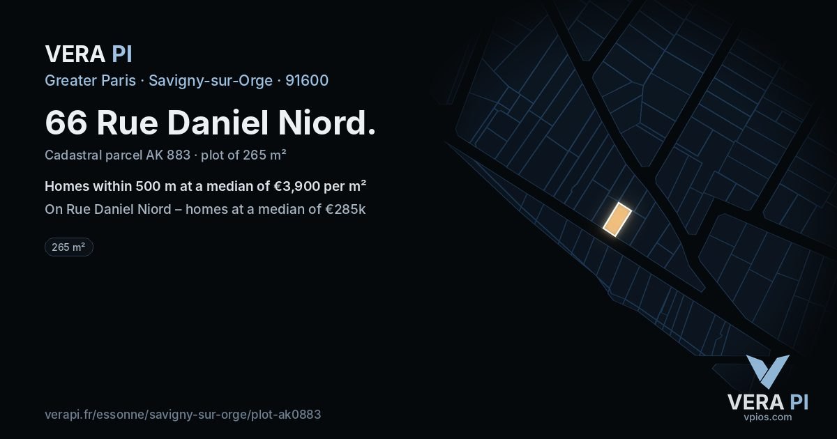 66 Rue Daniel Niord, Savigny-sur-Orge at night – the plot lit, the parcels around coloured by the prices near them