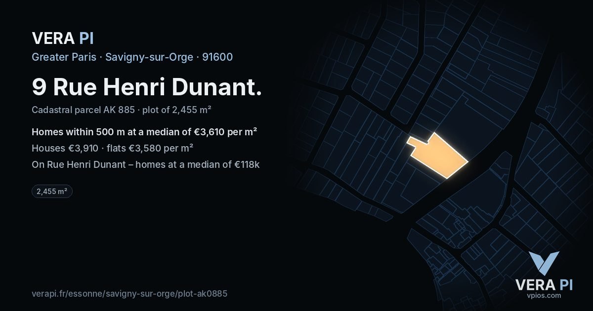 9 Rue Henri Dunant, Savigny-sur-Orge at night – the plot lit, the parcels around coloured by the prices near them