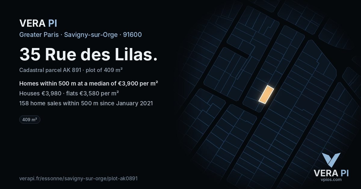 35 Rue des Lilas, Savigny-sur-Orge at night – the plot lit, the parcels around coloured by the prices near them