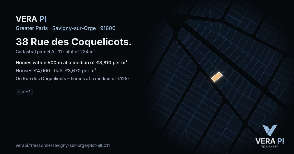 38 Rue des Coquelicots, Savigny-sur-Orge at night – the plot lit, the parcels around coloured by the prices near them