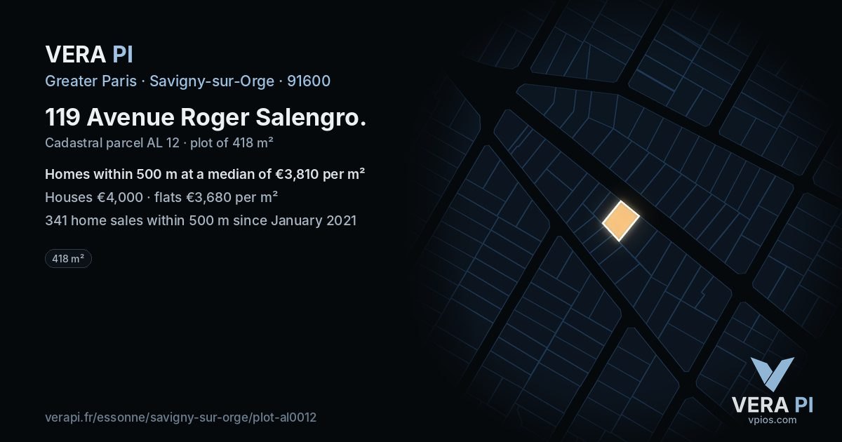 119 Avenue Roger Salengro, Savigny-sur-Orge at night – the plot lit, the parcels around coloured by the prices near them