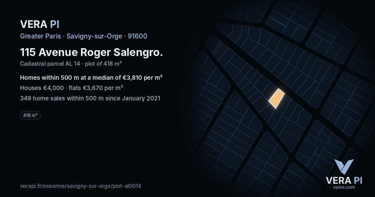 115 Avenue Roger Salengro, Savigny-sur-Orge at night – the plot lit, the parcels around coloured by the prices near them