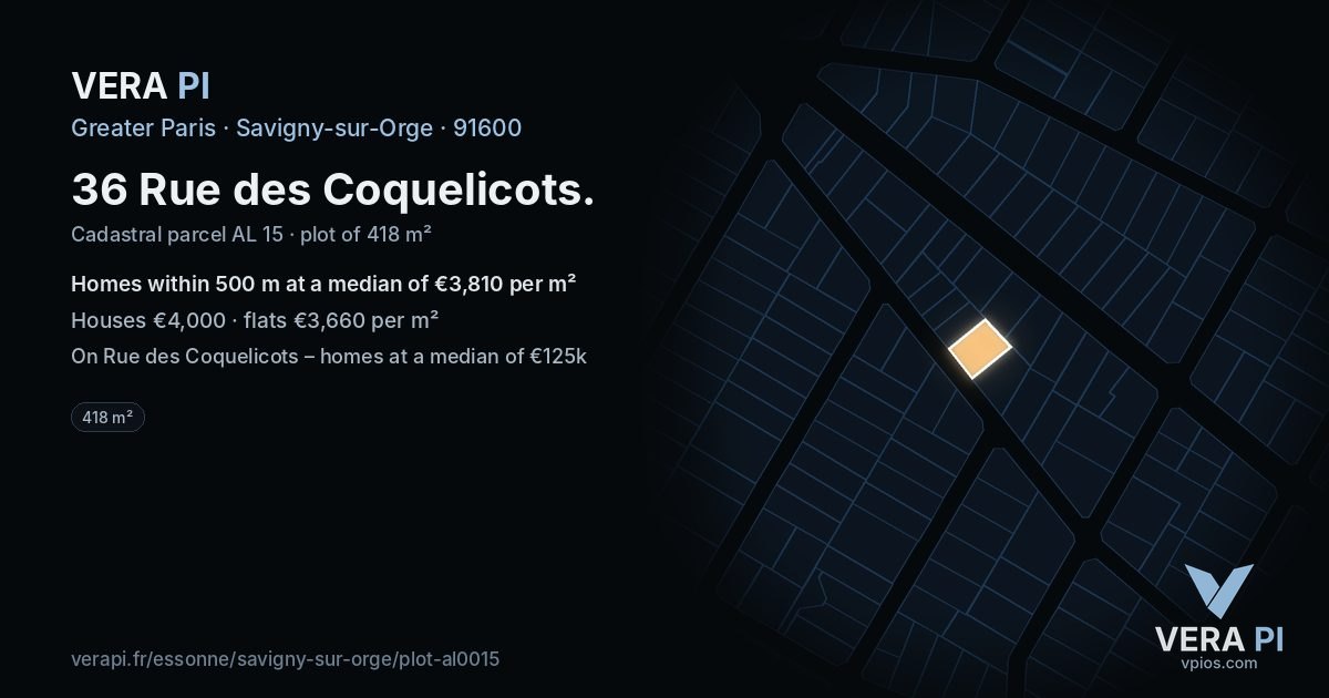 36 Rue des Coquelicots, Savigny-sur-Orge at night – the plot lit, the parcels around coloured by the prices near them