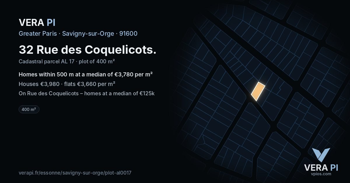 32 Rue des Coquelicots, Savigny-sur-Orge at night – the plot lit, the parcels around coloured by the prices near them