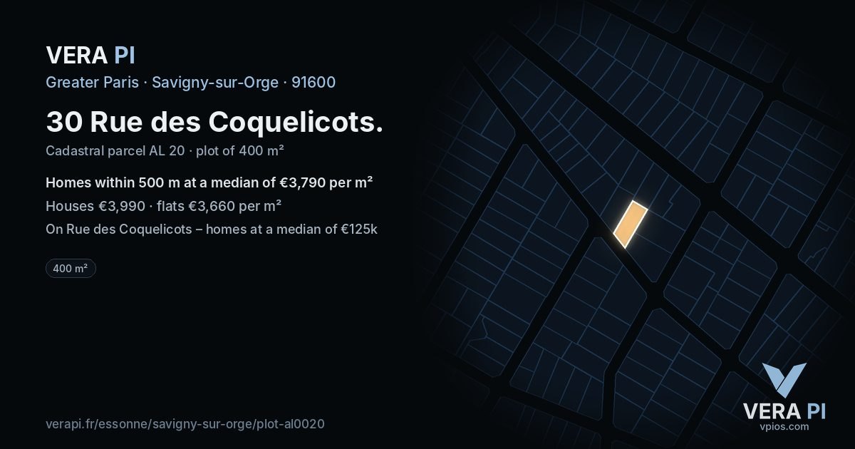 30 Rue des Coquelicots, Savigny-sur-Orge at night – the plot lit, the parcels around coloured by the prices near them
