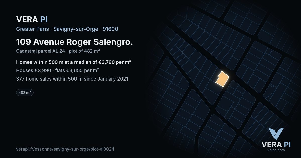 109 Avenue Roger Salengro, Savigny-sur-Orge at night – the plot lit, the parcels around coloured by the prices near them