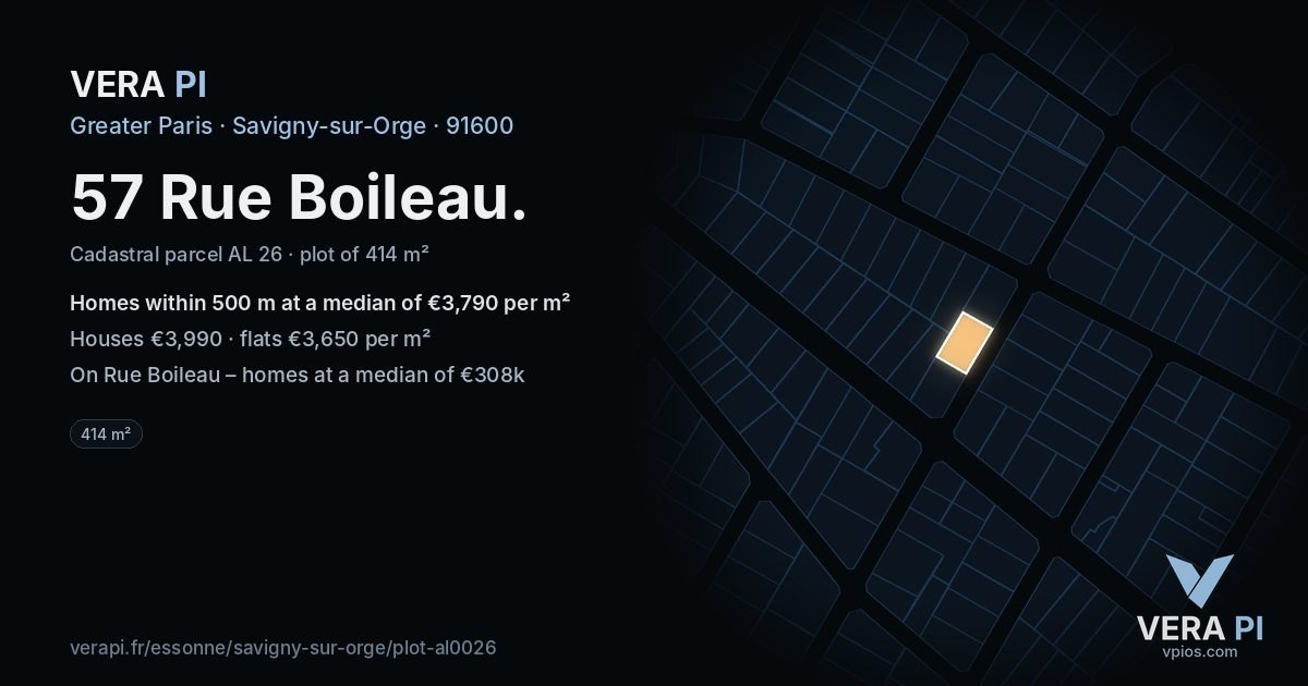 57 Rue Boileau, Savigny-sur-Orge at night – the plot lit, the parcels around coloured by the prices near them