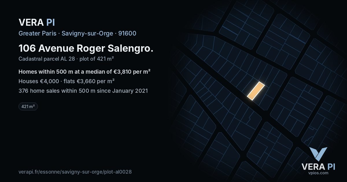 106 Avenue Roger Salengro, Savigny-sur-Orge at night – the plot lit, the parcels around coloured by the prices near them